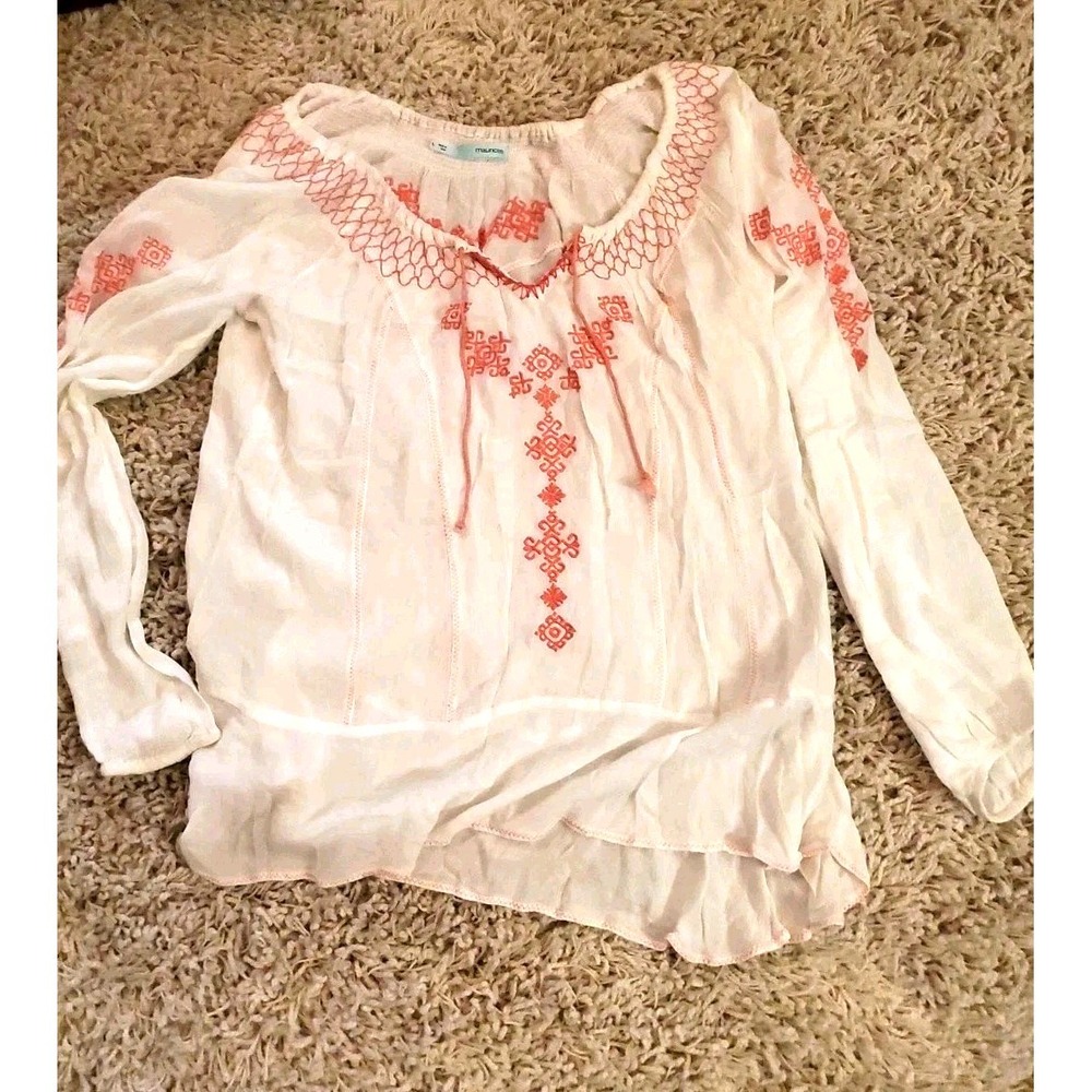 Maurices Womens Boho Pink Embroidery White‎ Long Sleeve Top L